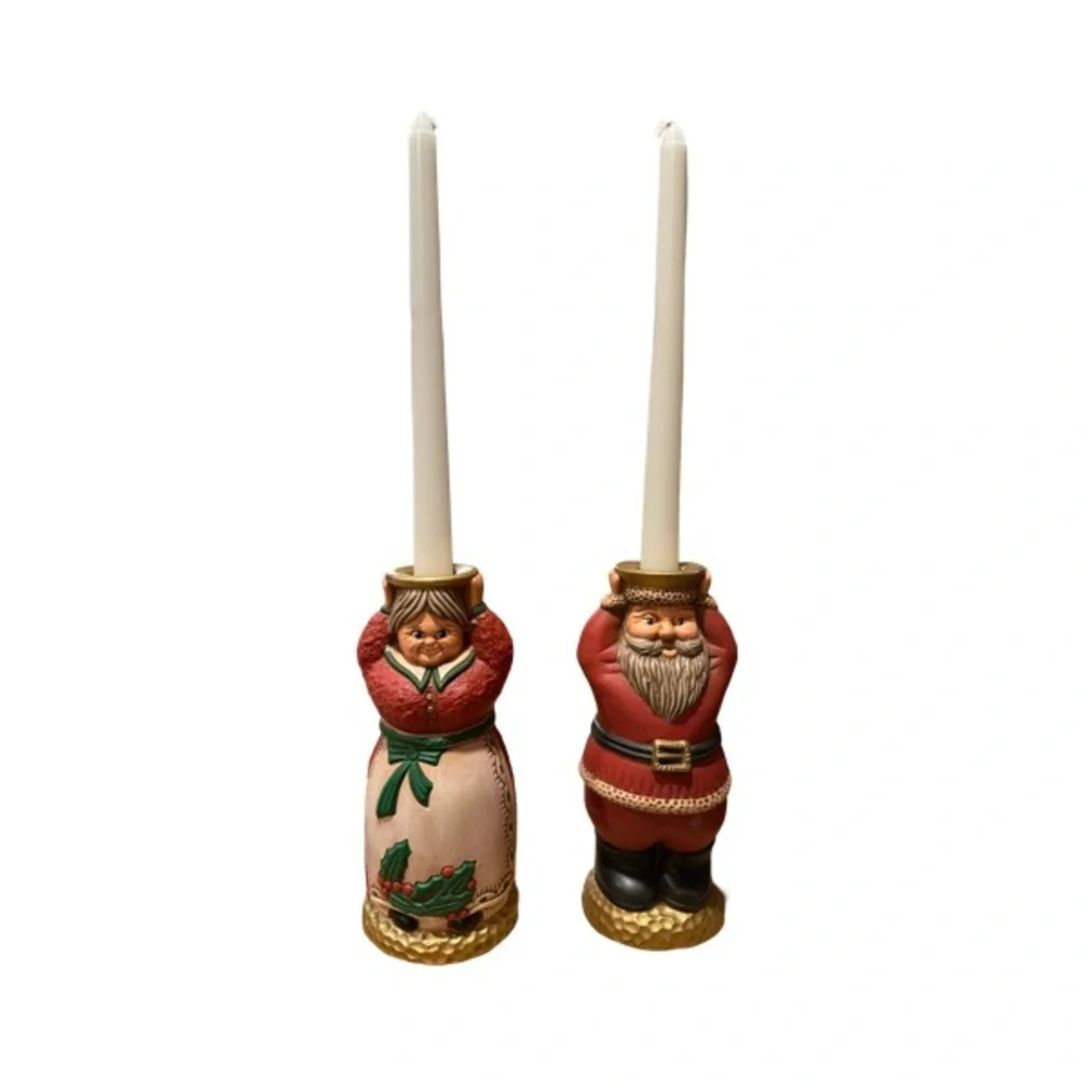 Vintage Santa and Mrs. Claus Holiday Ceramic Taper Holders - Picture 2 of 9